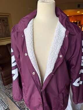 Victoria’s Secret Pink Maroon Button Down Varsity Jacket with Sherpa Interior